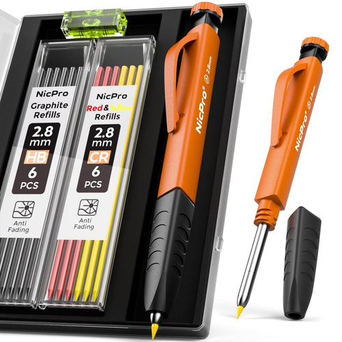 Nicpro 1 Pack 2.8 mm Carpenter Pencil Set, Solid Mechanical Pencils with 12 Refills (Red, Black, Yellow), Sharpener & Finger Grip, Woodworking Pencils - with Case EasyOptionXY LLC