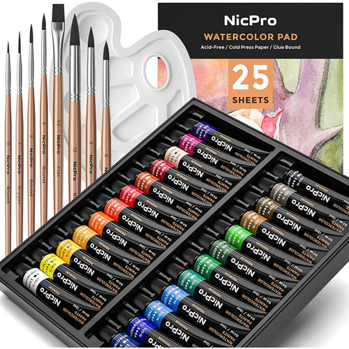 Nicpro 60Pcs Watercolor Paint Kit, Professional Painting Supplies Set 24 Tube Watercolor Paints, 8 Synthetic Squirrel Brushes, 25 Paper Pad, Palette, Color Wheel EasyOptionXY LLC
