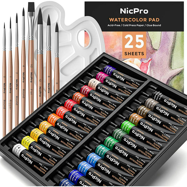 Nicpro 60Pcs Watercolor Paint Kit, Professional Painting Supplies Set 24 Tube Watercolor Paints, 8 Synthetic Squirrel Brushes, 25 Paper Pad, Palette, Color Wheel EasyOptionXY LLC