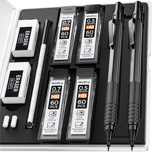 Nicpro 2 Pcs 0.5mm & 0.7mm Metal Mechanical Pencils, Artist Pencil Set with 4 Tubes HB Lead Refills, 2 Erasers, 9 Eraser Refills, Black EasyOptionXY LLC