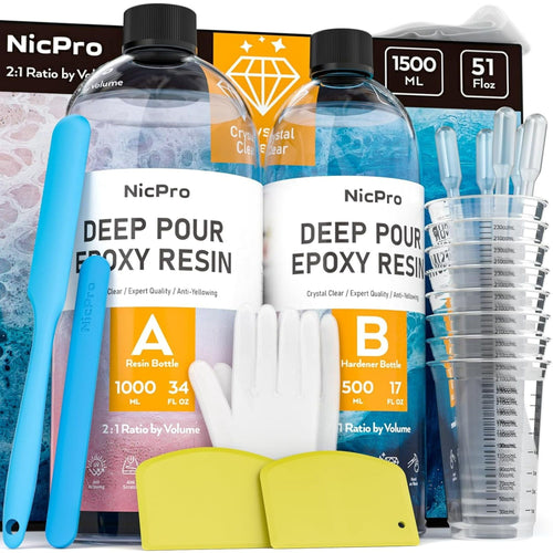 Nicpro 51oz Deep Pour Epoxy Resin Kit, 2 to 4 Inch Depth Clear Epoxy Resin 2:1 for Craft River Tables, Wood Filler, Bar Top, Coating, Casting, Pigment with Mixing Cups, Sticks, Gloves EasyOptionXY LLC