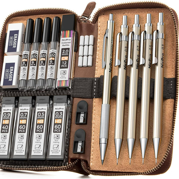 Nicpro 5Pcs Metal Mechanical Pencil Set in Leather Case, 0.3 & 0.5 & 0.7 & 0.9 mm & 2mm Lead Pencil Holders, (4B 2B HB 2H) Lead Refills (Black & Colors), Erasers EasyOptionXY LLC