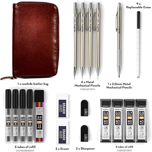 Nicpro 5Pcs Metal Mechanical Pencil Set in Leather Case, 0.3 & 0.5 & 0.7 & 0.9 mm & 2mm Lead Pencil Holders, (4B 2B HB 2H) Lead Refills (Black & Colors), Erasers EasyOptionXY LLC