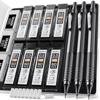 Nicpro 3 Pcs 0.5mm Metal Mechanical Pencils Set, Artist Pencil with 360Pcs HB Lead Refills, 3 Erasers, 9 Eraser Refills, Black EasyOptionXY LLC