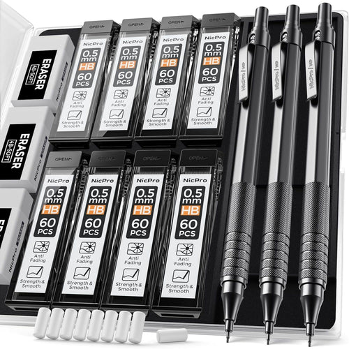 Nicpro 3 Pcs 0.5mm Metal Mechanical Pencils Set, Artist Pencil with 360Pcs HB Lead Refills, 3 Erasers, 9 Eraser Refills, Black EasyOptionXY LLC