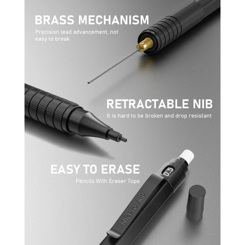 Nicpro 3 Pcs 0.5mm Metal Mechanical Pencils Set, Artist Pencil with 360Pcs HB Lead Refills, 3 Erasers, 9 Eraser Refills, Black EasyOptionXY LLC