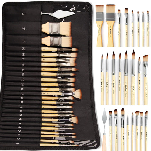 Nicpro 24 Pcs Paint Brushes Set, Paint Brushes for Acrylic Painting, Art Supplies for Watercolor & Gouache Kids Adults, Painting Supplies with Cloth Roll and Palette Knife, Gift Package EasyOptionXY LLC