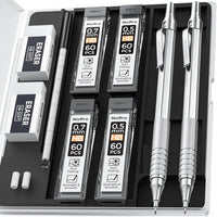 Nicpro 2 Pcs 0.5 & 0.7 mm Metal Mechanical Pencils, Artist Pencil Set with 4 Tubes HB Lead Refills, 2 Erasers, 9 Eraser Refills, Come with Case EasyOptionXY LLC