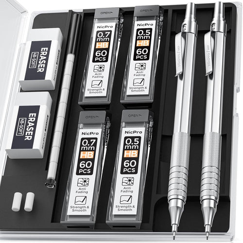 Nicpro 2 Pcs 0.5 & 0.7 mm Metal Mechanical Pencils, Artist Pencil Set with 4 Tubes HB Lead Refills, 2 Erasers, 9 Eraser Refills, Come with Case EasyOptionXY LLC