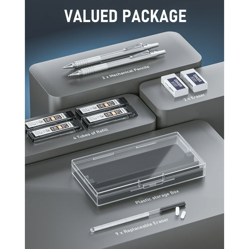 Nicpro 2 Pcs 0.5 & 0.7 mm Metal Mechanical Pencils, Artist Pencil Set with 4 Tubes HB Lead Refills, 2 Erasers, 9 Eraser Refills, Come with Case EasyOptionXY LLC