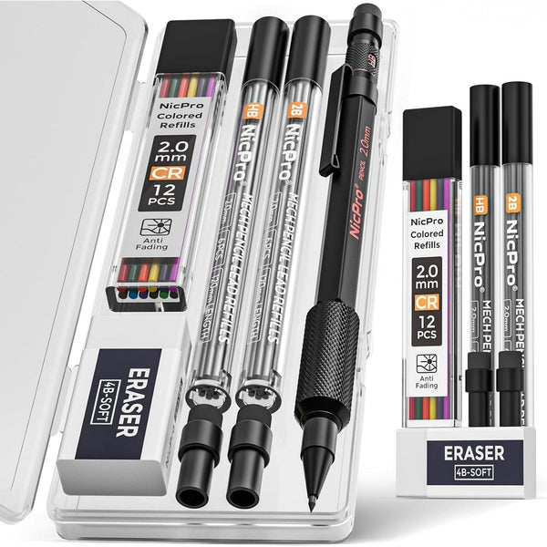 Nicpro 2.0mm Metal Mechanical Pencils, Carpenter Pencil Set with 12 Black Lead Refills, 12 Colored Lead Refills, Erasers, Come with Case EasyOptionXY LLC