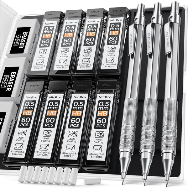 Nicpro 0.5mm Mechanical Pencils Set with Case, 3 Metal Artist Pencil with HB Pencil Leads and Erasers EasyOptionXY LLC