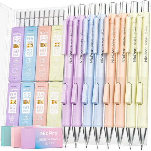 Nicpro 8 Pcs 0.5mm Pastel Mechanical Pencil Set, Fast Click Aesthetic Lead Drafting Pencils 0.5 mm with 480PCS HB Lead Refills, 3 Erasers EasyOptionXY LLC