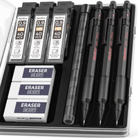 Nicpro 3Pcs 0.9mm Metal Mechanical Pencils Set, with 6 Tube HB Lead Refills, 3 Eraser, 6 Replaceable Eraser, Come with Case EasyOptionXY LLC