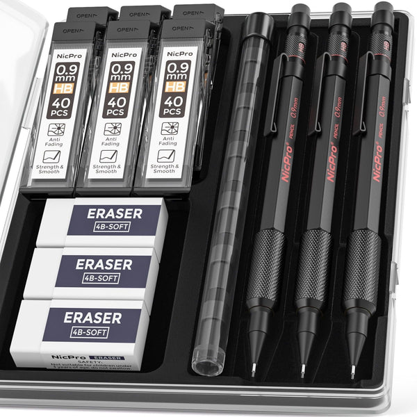 Nicpro 3Pcs 0.9mm Metal Mechanical Pencils Set, with 6 Tube HB Lead Refills, 3 Eraser, 6 Replaceable Eraser, Come with Case EasyOptionXY LLC
