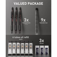 Nicpro 3Pcs 0.9mm Metal Mechanical Pencils Set, with 6 Tube HB Lead Refills, 3 Eraser, 6 Replaceable Eraser, Come with Case EasyOptionXY LLC