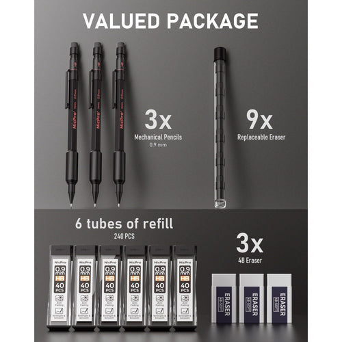 Nicpro 3Pcs 0.9mm Metal Mechanical Pencils Set, with 6 Tube HB Lead Refills, 3 Eraser, 6 Replaceable Eraser, Come with Case EasyOptionXY LLC