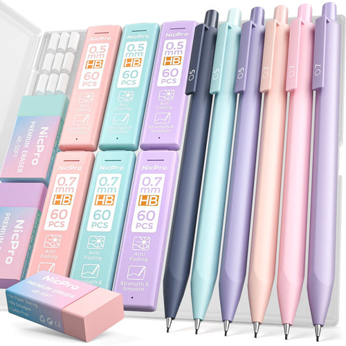 Nicpro 6Pcs Pastel Mechanical Pencil Set, 0.5 & 0.7 mm with 6 Tubes HB Lead Refill, 3Pcs Eraser and 9Pcs Eraser Refill - with Cute Case EasyOptionXY LLC