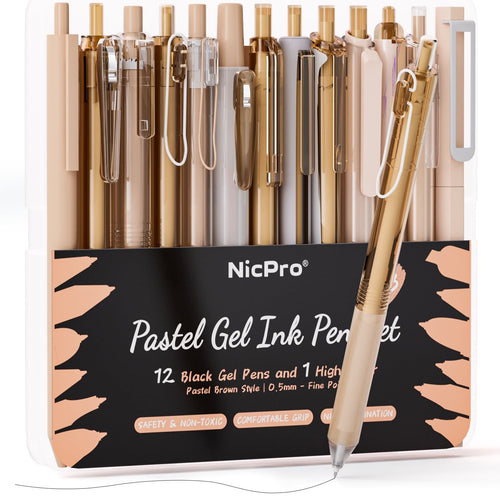 Nicpro 13 Pcs Pastel Gel Ink Pens Set, 1 Highlighter Cute 0.5mm Fine Point Retractable 12 Pcs Black Pens, Office Supplies with Case(Brown) EasyOptionXY LLC