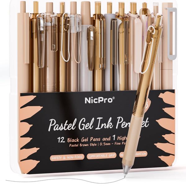 Nicpro 13 Pcs Pastel Gel Ink Pens Set, 1 Highlighter Cute 0.5mm Fine Point Retractable 12 Pcs Black Pens, Office Supplies with Case(Brown) EasyOptionXY LLC