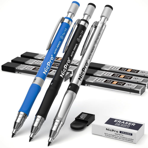 Nicpro 3Pcs 2.0mm Mechanical Pencil Set, Carpenter Drafting Pencil with 6 Tube Pre-Sharpen HB & 2B Refill, Eraser, Sharpener EasyOptionXY LLC
