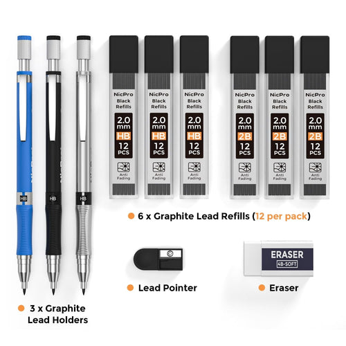 Nicpro 3Pcs 2.0mm Mechanical Pencil Set, Carpenter Drafting Pencil with 6 Tube Pre-Sharpen HB & 2B Refill, Eraser, Sharpener EasyOptionXY LLC