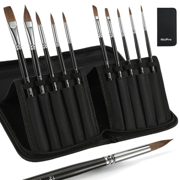 Nicpro 10 Pcs Sable Watercolor Brush Set, Professional Watercolor Paint Brushes, Artist Kolinsky Variety Shapes with Flat Round Pointed Paint Brush Set for Watercolor, Acrylic, Gouache with Nylon Case EasyOptionXY LLC