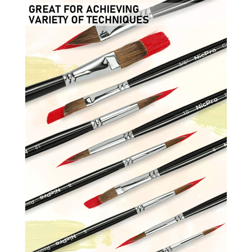 Nicpro 10 Pcs Sable Watercolor Brush Set, Professional Watercolor Paint Brushes, Artist Kolinsky Variety Shapes with Flat Round Pointed Paint Brush Set for Watercolor, Acrylic, Gouache with Nylon Case EasyOptionXY LLC