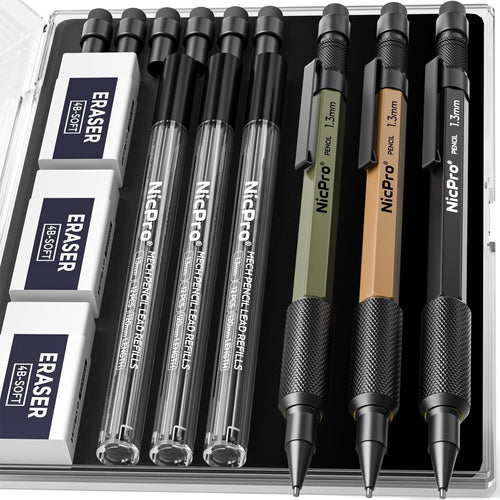 Nicpro 3 Pcs 1.3 mm Mechanical Pencils Set with 36 Lead Refill, 3 Eraser - Weatherproof Metal Barrel, Heavy Duty Carpenter Pencil for Outdoor Marking Drafting Drawing Sketching Woodworking - with Case EasyOptionXY LLC