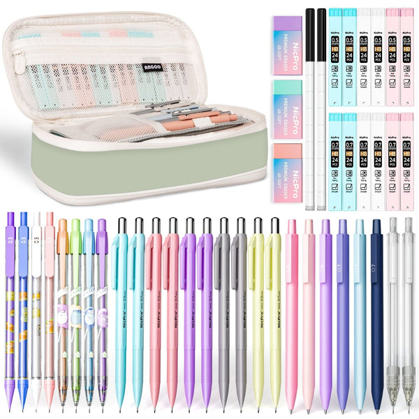 Nicpro 46Pcs Aesthetic School Supplies with Big Capacity Pen Case, 26 Pcs Cute Pastel Mechanical Pencils 0.5 mm & 0.7 mm with 12 Tube HB Lead Refills, Erasers, Eraser Refills EasyOptionXY LLC