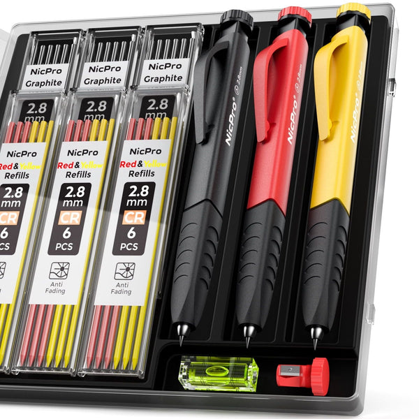 Nicpro 3 Pcs 2.8 mm Carpenter Pencils Set, Solid Mechanical Pencils with 39 Refills (Red, Black, Yellow), Sharpener & Finger Grip, Woodworking Pencils EasyOptionXY LLC