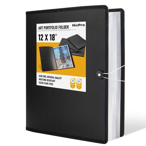 Nicpro 12x18" Art Portfolio Folder, 30 Pockets Display 60 Pages Art Painting Portfolio Binder with Clear Plastic Sleeves, Presentation Storage Book for Kids & Artists Artwork Drawing - (Black) EasyOptionXY LLC