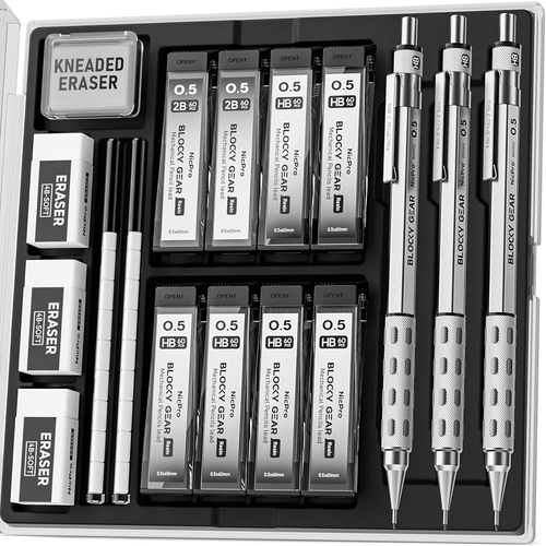 Nicpro 3Pcs Blocky Gear 0.5mm Metal Mechanical Pencils Set with Case, Lead Drafting Pencil with 8 Tube (480Pcs) Lead Refills(HB 2B), 4 Erasers, 18 Eraser Refills for Art Writing, Sketching Drawing EasyOptionXY LLC