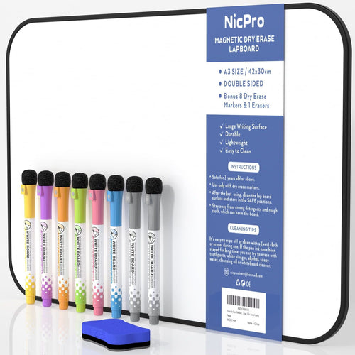 Nicpro Dry Erase Whiteboard A3, Magnetic Double Sided 30 x 42 cm White Board with Black Border, Including 8 Water-Based Pens and 1 Eraser EasyOptionXY LLC