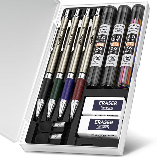 Nicpro 4 Pcs 2.0mm Mechanical Pencils Set, 108 Colored & Black (HB 2B) Lead Refills, Art Metal 2.0mm Carpenter Pencil with 2 Erasers, 2 Sharpeners for Drafting Sketching Drawing with Case EasyOptionXY LLC