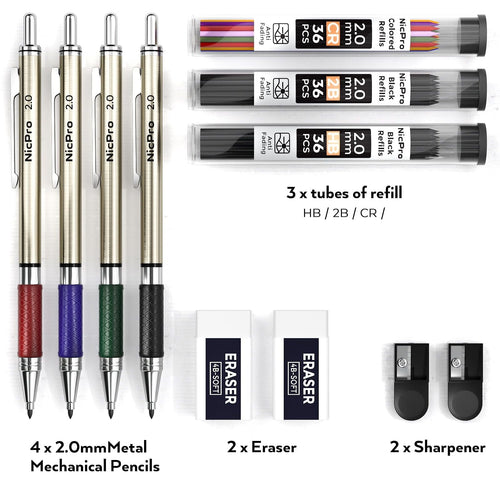 Nicpro 4 Pcs 2.0mm Mechanical Pencils Set, 108 Colored & Black (HB 2B) Lead Refills, Art Metal 2.0mm Carpenter Pencil with 2 Erasers, 2 Sharpeners for Drafting Sketching Drawing with Case EasyOptionXY LLC