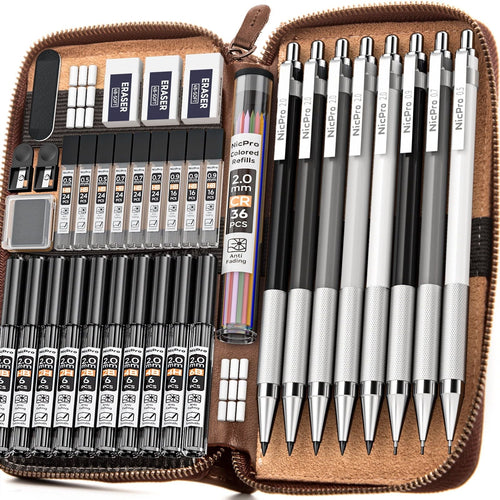 Nicpro 38 Pcs Art Mechanical Pencils Set in Leather Case, 3 Pcs Metal Drafting Pencil 0.5, 0.7, 0.9 mm & 5 Pcs 2mm Lead Holder (6B 4B 2B HB 2H 4H Colors) with 20 Tube Lead Refills EasyOptionXY LLC