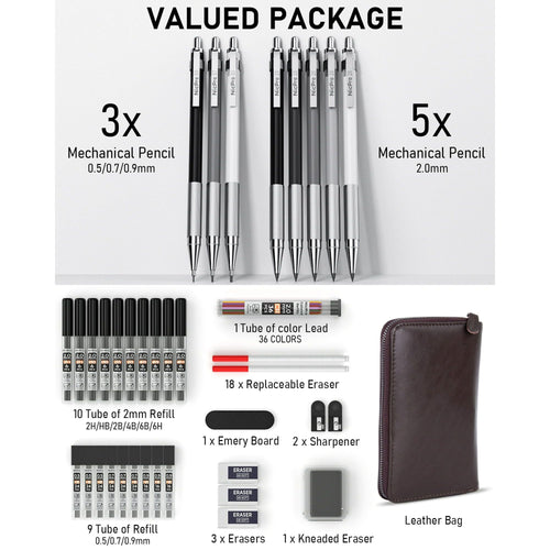Nicpro 38 Pcs Art Mechanical Pencils Set in Leather Case, 3 Pcs Metal Drafting Pencil 0.5, 0.7, 0.9 mm & 5 Pcs 2mm Lead Holder (6B 4B 2B HB 2H 4H Colors) with 20 Tube Lead Refills EasyOptionXY LLC