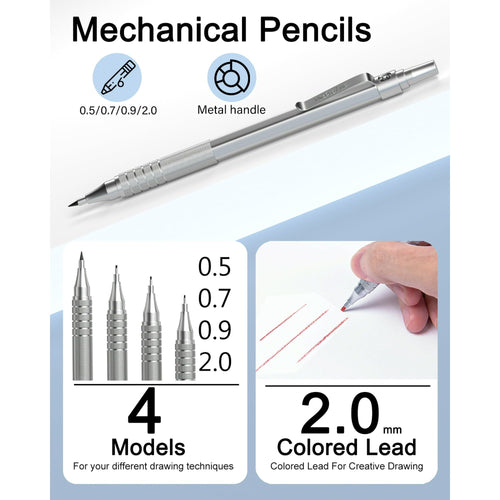 Nicpro 6 Pcs Metal Mechanical Pencils Set, Art Drafting Pencil 0.5, 0.7, 0.9 mm & 3Pcs 2mm Graphite Lead Refills, Eraser, Sharpener, Come with Case EasyOptionXY LLC