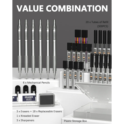 Nicpro 6 Pcs Metal Mechanical Pencils Set, Art Drafting Pencil 0.5, 0.7, 0.9 mm & 3Pcs 2mm Graphite Lead Refills, Eraser, Sharpener, Come with Case EasyOptionXY LLC