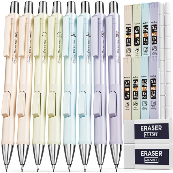 Nicpro 8 Pcs Pastel Mechanical Pencil 0.5mm & 0.7 mm, Cute Fast Click Mechanical Pencils Set with 8 Tubes HB Lead Refill, Eraser, Eraser Refill, with Case EasyOptionXY LLC