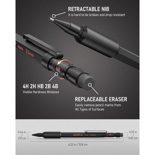 Nicpro 3Pcs 0.5mm Metal Mechanical Pencils Set, with 6 Tube HB Lead Refills, 3 Eraser, 6 Replaceable Eraser, Come with Case EasyOptionXY LLC
