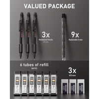 Nicpro 3Pcs 0.5mm Metal Mechanical Pencils Set, with 6 Tube HB Lead Refills, 3 Eraser, 6 Replaceable Eraser, Come with Case EasyOptionXY LLC