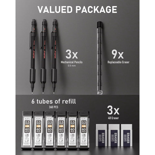 Nicpro 3Pcs 0.5mm Metal Mechanical Pencils Set, with 6 Tube HB Lead Refills, 3 Eraser, 6 Replaceable Eraser, Come with Case EasyOptionXY LLC