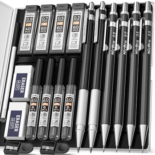 Nicpro 6 Pcs Art Mechanical Pencils Set, Black Metal Drafting Pencil 0.3, 0.5, 0.7, 0.9mm & 2PCS 2mm Graphite Lead Holder(4B 2B HB 2H) with 8 Lead Refills Eraser Case EasyOptionXY LLC