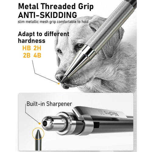 Nicpro 6 Pcs Art Mechanical Pencils Set, Black Metal Drafting Pencil 0.3, 0.5, 0.7, 0.9mm & 2PCS 2mm Graphite Lead Holder(4B 2B HB 2H) with 8 Lead Refills Eraser Case EasyOptionXY LLC