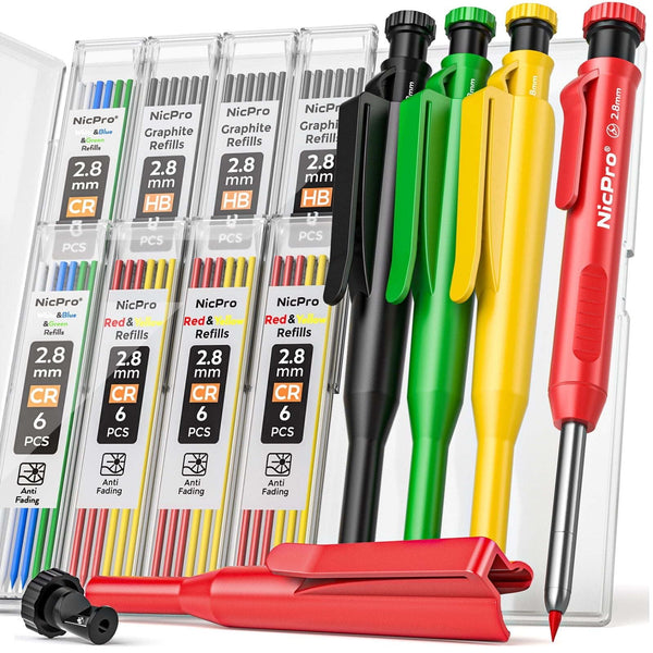 Nicpro 4 Pack 2.8mm Carpenter Pencil with Sharpener & Cap, Mechanical Pencils Set with 52 Refill, Deep Hole Marker Woodworking Pencils, Heavy Duty Construction Pencils for Architect - with Case EasyOptionXY LLC