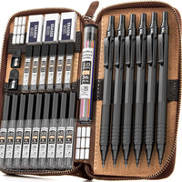 Nicpro 5 Pcs Black Metal Mechanical Pencils Set in Leather Case, Art Drafting Pencil 0.5, 0.7, 0.9 mm, 2mm Lead Pencil Holders for Sketching Drawing with 16 Tube (6B 4B 2B HB 2H 4H Colors)Lead Refills EasyOptionXY LLC
