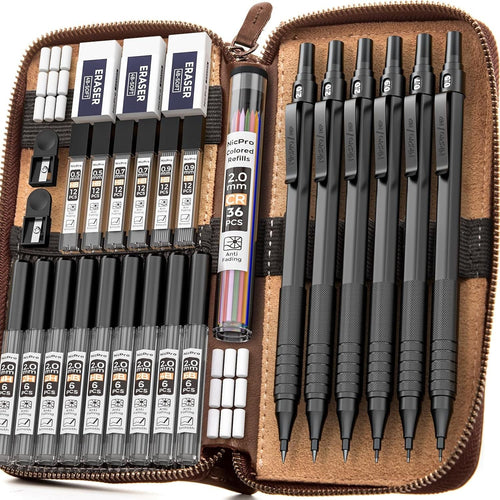 Nicpro 5 Pcs Black Metal Mechanical Pencils Set in Leather Case, Art Drafting Pencil 0.5, 0.7, 0.9 mm, 2mm Lead Pencil Holders for Sketching Drawing with 16 Tube (6B 4B 2B HB 2H 4H Colors)Lead Refills EasyOptionXY LLC