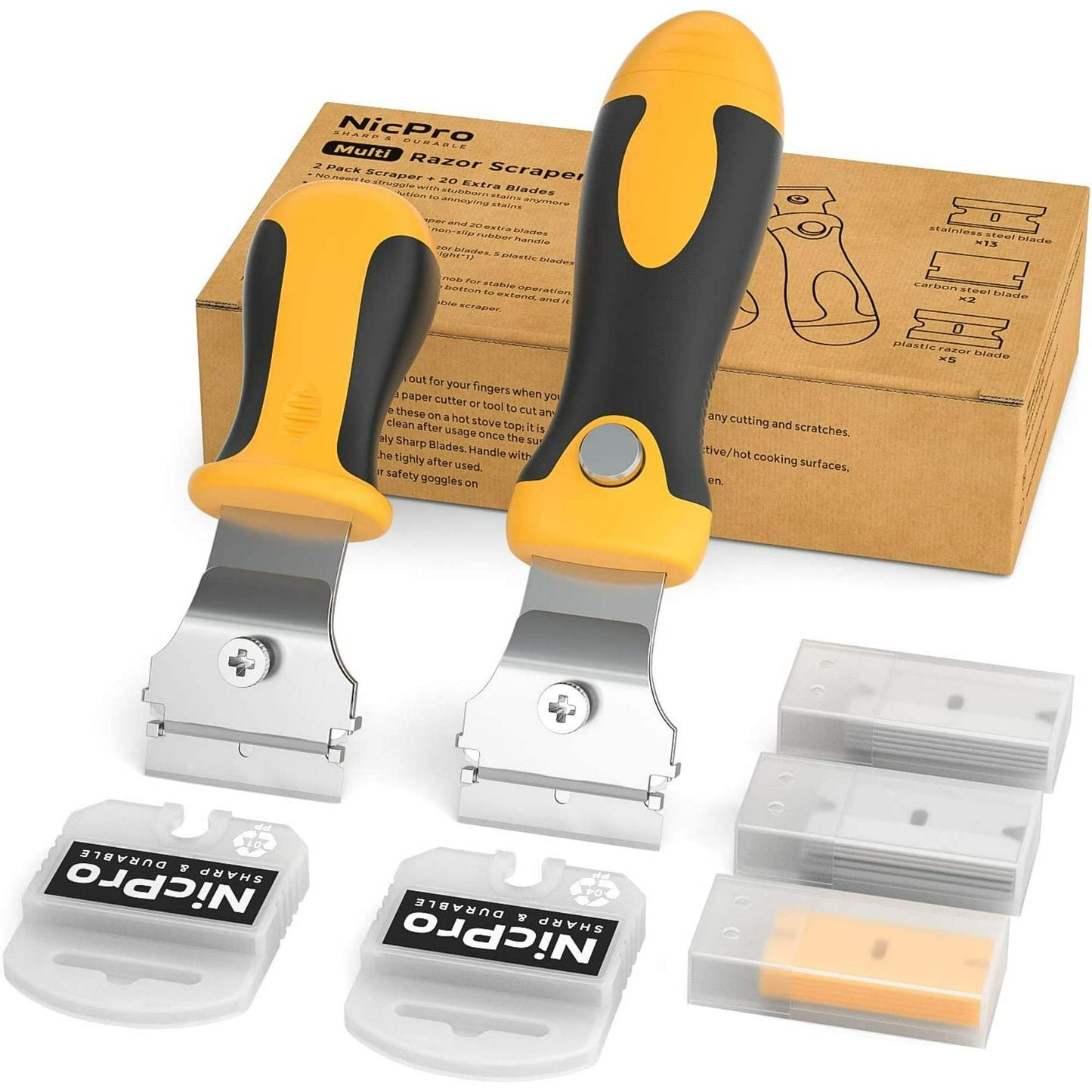 Nicpro 2 Pcs Muti-Purpose Razor Blades Scraper Set with 20 Blades Industrial, Adjustable Handle, Cleaning Glass Window Wall Paint, Label Sticker Decal Removal EasyOptionXY LLC